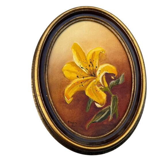 Unbranded Other - Vintage Floral Yellow Lily Painting On Canvas Wood Gold Framed Oval 6x8